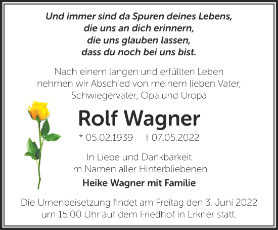 Traueranzeige von Rolf Wagner von Märkische Oderzeitung