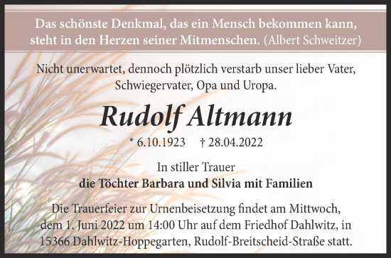 Traueranzeige von Rudolf Altmann von Märkische Oderzeitung