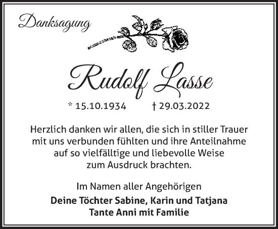 Traueranzeige von Rudolf Lasse von Märkische Oderzeitung