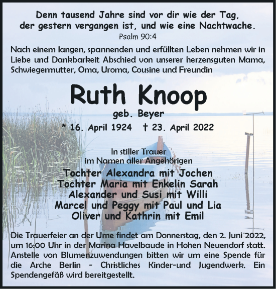 Traueranzeige von Ruth Knoop von Märkische Oderzeitung