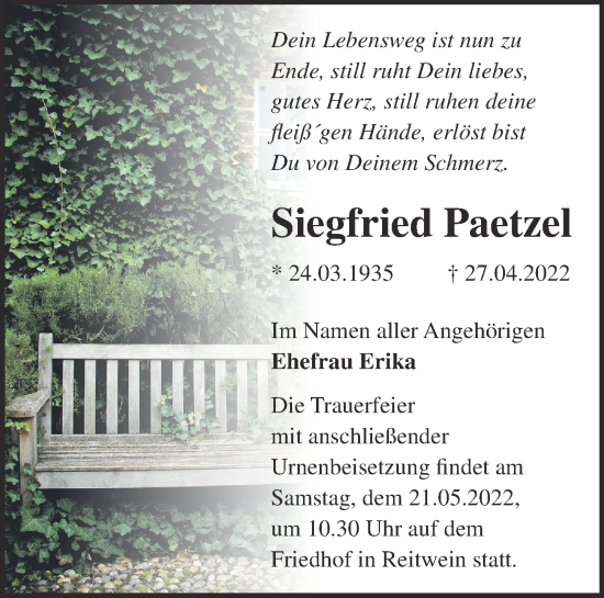 Traueranzeige von Siegfried Paetzel von Märkische Oderzeitung