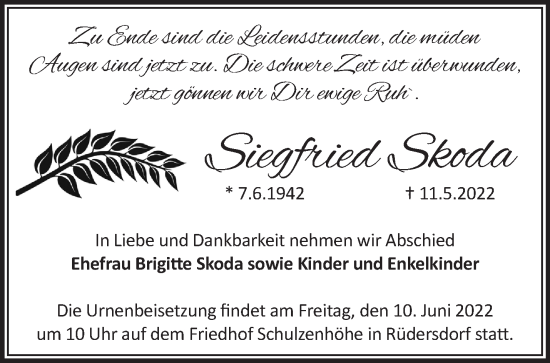 Traueranzeige von Siegfried Skoda von Märkische Oderzeitung