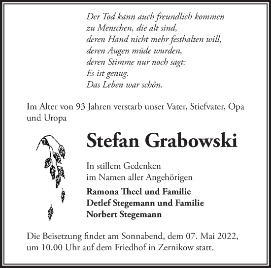 Traueranzeige von Stefan Grabowski von Märkische Oderzeitung