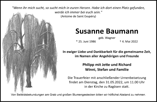 Traueranzeige von Susanne Baumann von Märkische Oderzeitung