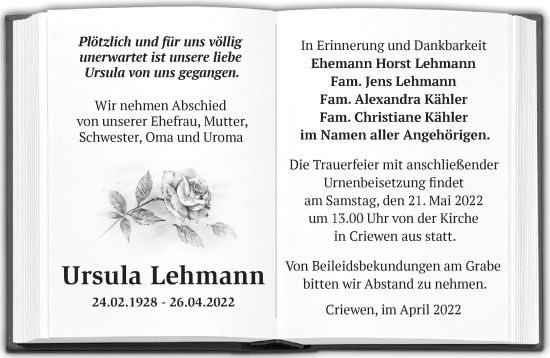 Traueranzeige von Ursula Lehmann von Märkische Oderzeitung