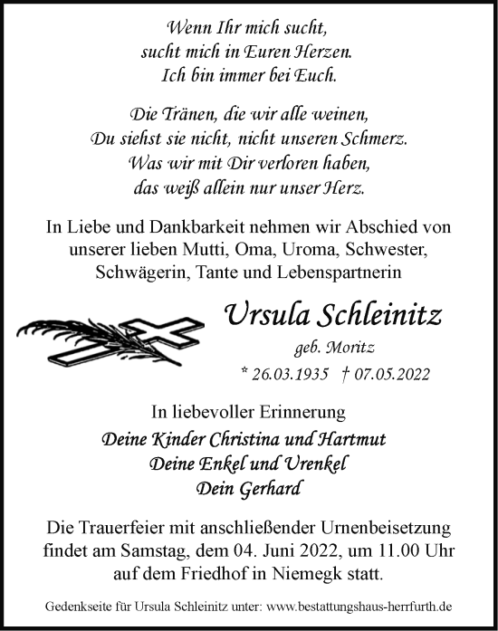 Traueranzeige von Ursula Schleinitz von Märkische Oderzeitung