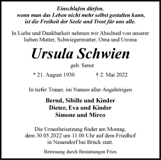 Traueranzeige von Ursula Schwien von Märkische Oderzeitung