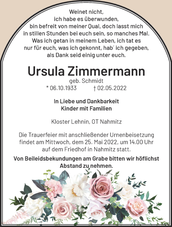 Traueranzeige von Ursula Zimmermann von Märkische Oderzeitung