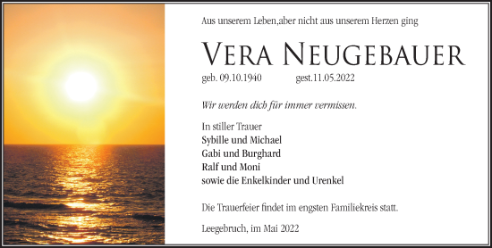 Traueranzeige von Vera Neugebauer von Märkische Oderzeitung