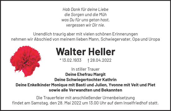 Traueranzeige von Walter Heller von Märkische Oderzeitung