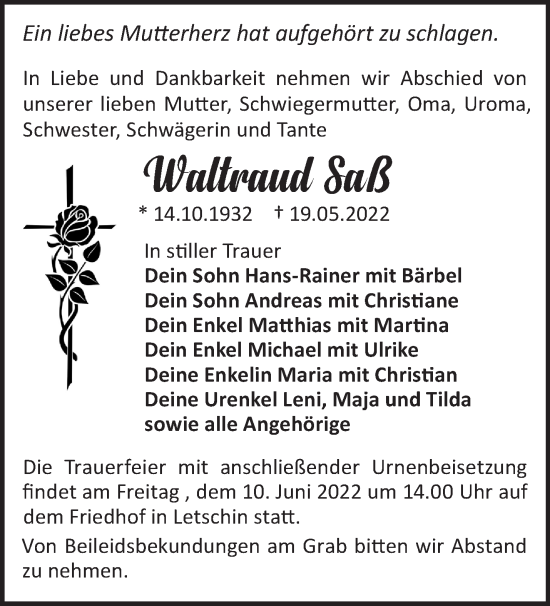 Traueranzeige von Waltraud Saß von Märkische Oderzeitung