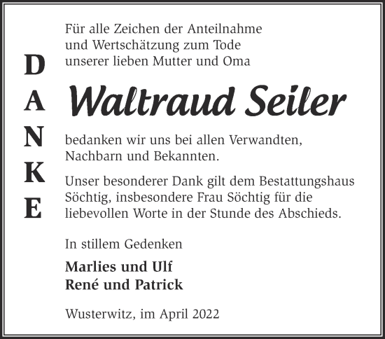 Traueranzeige von Waltraud Seiler von Märkische Oderzeitung