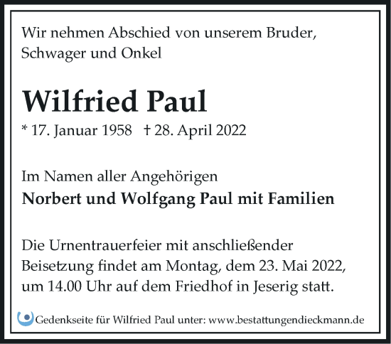 Traueranzeige von Wilfried Paul von Märkische Oderzeitung