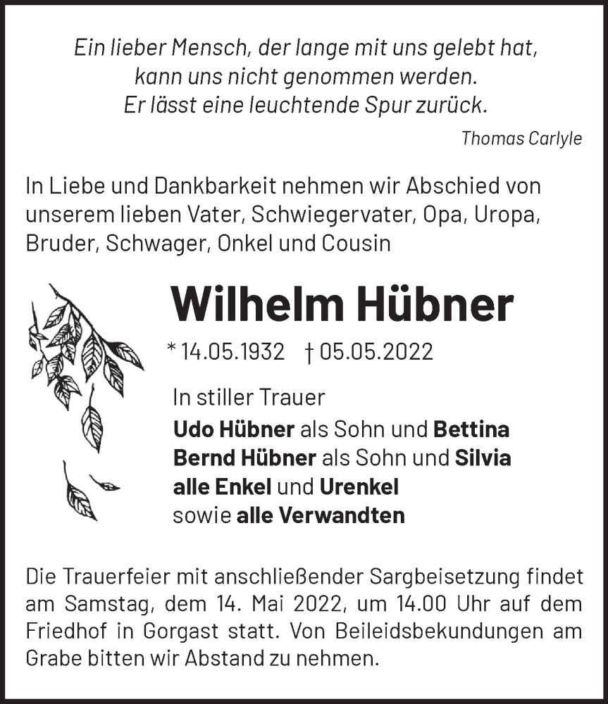 Traueranzeige für Wilhelm Hübner vom 09.05.2022 aus Märkische Oderzeitung