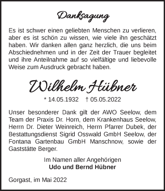 Traueranzeige von Wilhelm Hübner von Märkische Oderzeitung