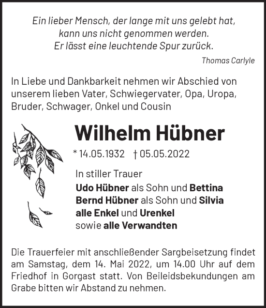 Traueranzeige von Wilhelm Hübner von Märkische Oderzeitung