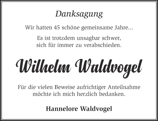 Traueranzeige von Wilhelm Waldvogel von Märkische Oderzeitung