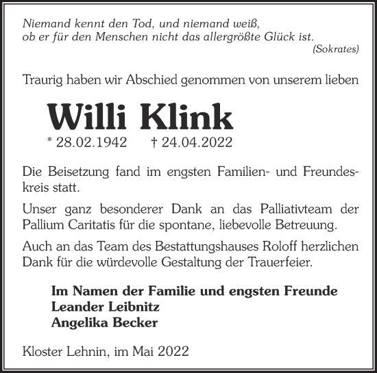 Traueranzeige von Willi Klink von Märkische Oderzeitung