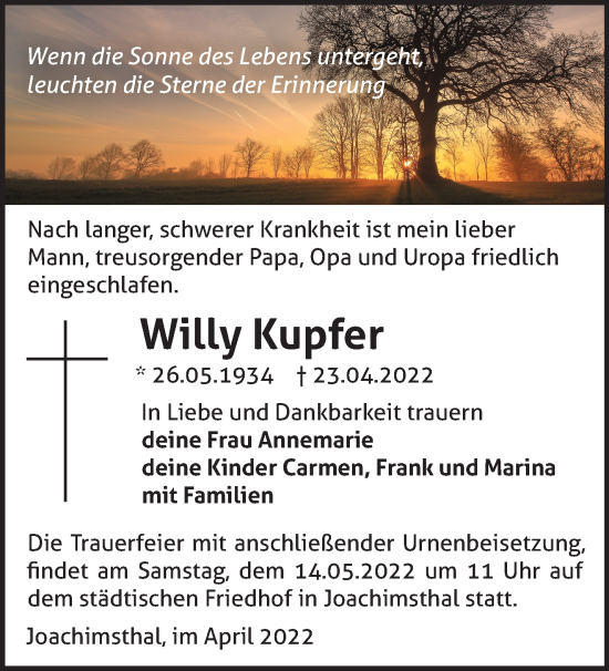 Traueranzeige von Willy Kupfer von Märkische Oderzeitung