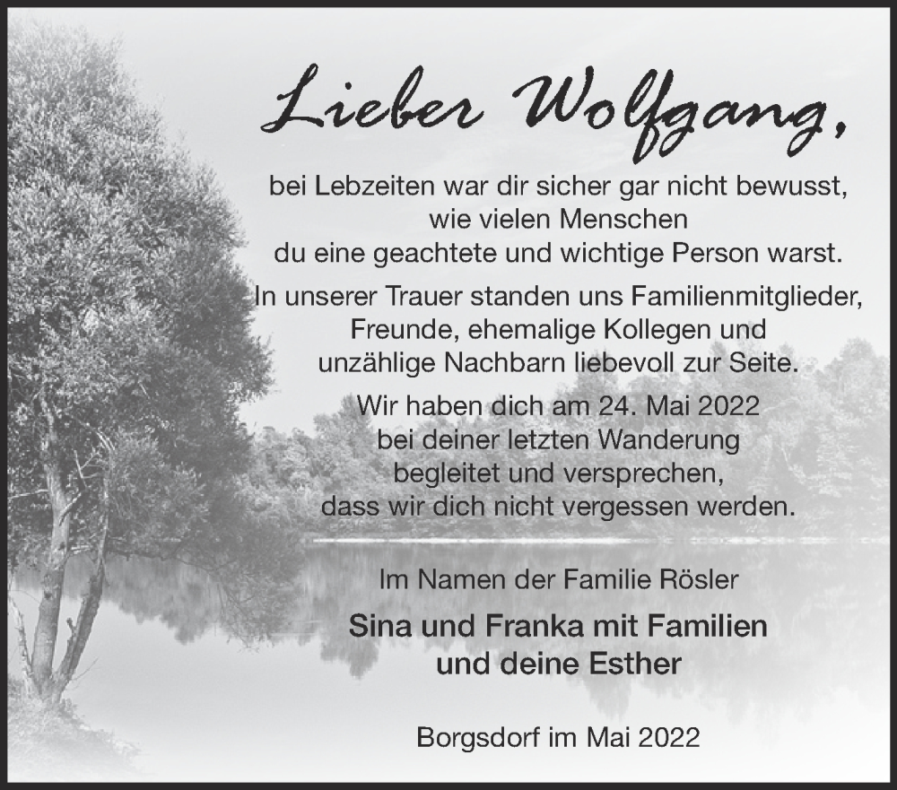  Traueranzeige für Wolfgang  vom 28.05.2022 aus Märkische Oderzeitung