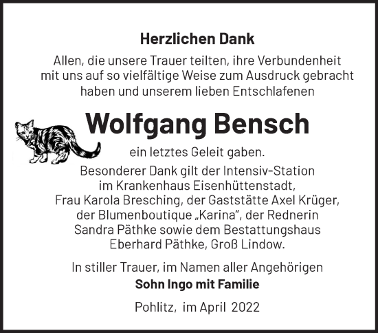 Traueranzeige von Wolfgang Bensch von Märkische Oderzeitung