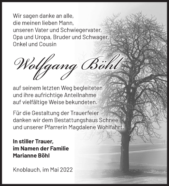 Traueranzeige von Wolfgang Böhl von Märkische Oderzeitung