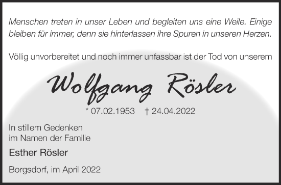 Traueranzeige von Wolfgang Rösler von Märkische Oderzeitung