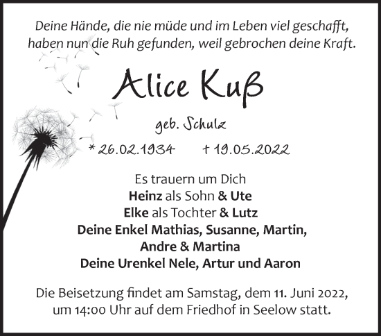 Traueranzeige von Alice Kuß von Märkische Oderzeitung