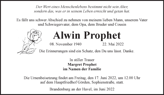 Traueranzeige von Alwin Prophet von Märkische Oderzeitung