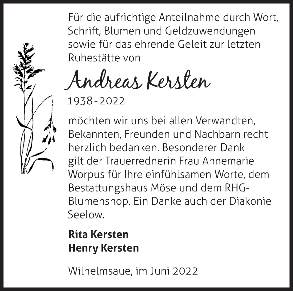  Traueranzeige für Andreas Kersten vom 18.06.2022 aus Märkische Oderzeitung