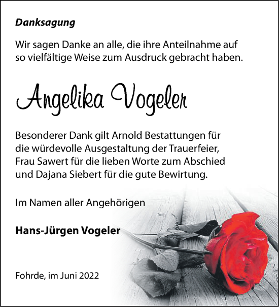 Traueranzeige von Angelika Vogeler von Märkische Oderzeitung