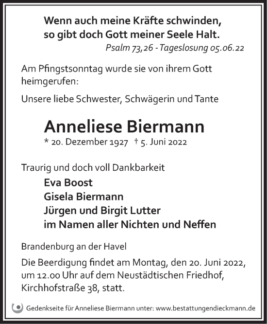 Traueranzeige von Anneliese Biermann von Märkische Oderzeitung