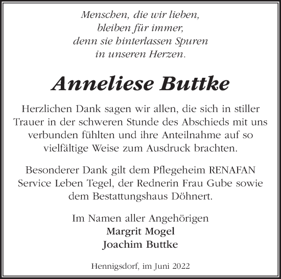 Traueranzeige von Anneliese Buttke von Märkische Oderzeitung