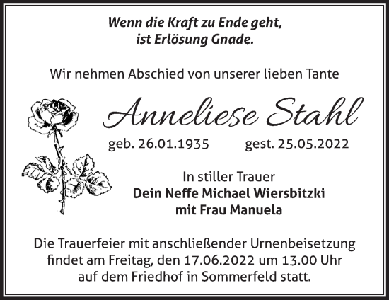 Traueranzeige von Anneliese Stahl von Märkische Oderzeitung