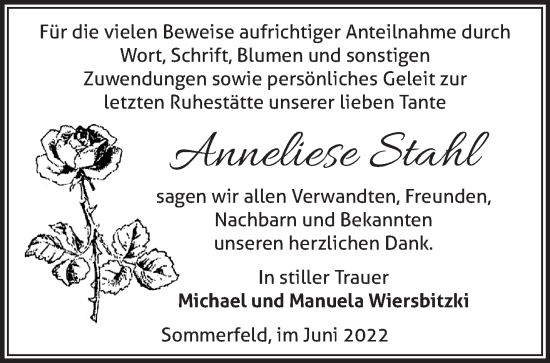 Traueranzeige von Anneliese Stahl von Märkische Oderzeitung