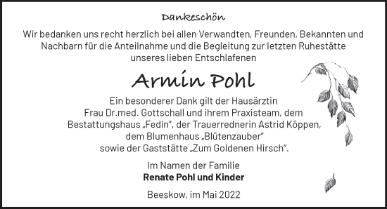 Traueranzeige von Armin Pohl von Märkische Oderzeitung