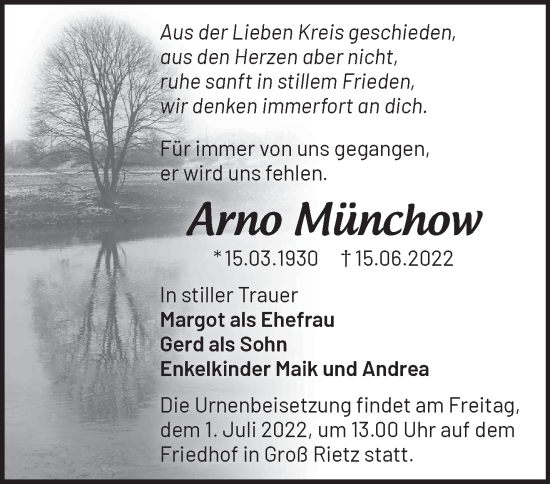 Traueranzeige von Arno Münchow von Märkische Oderzeitung