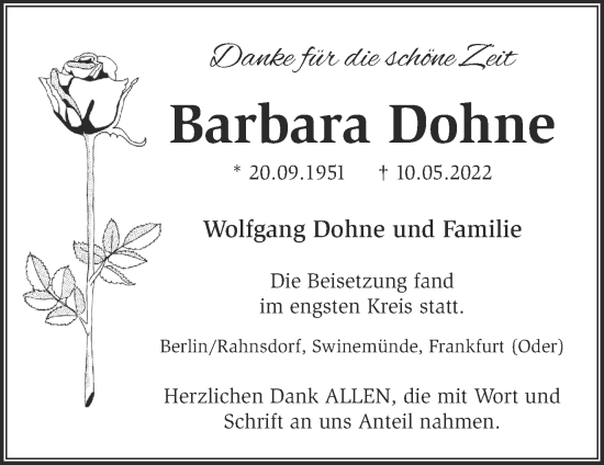 Traueranzeige von Barbara Dohne von Märkische Oderzeitung