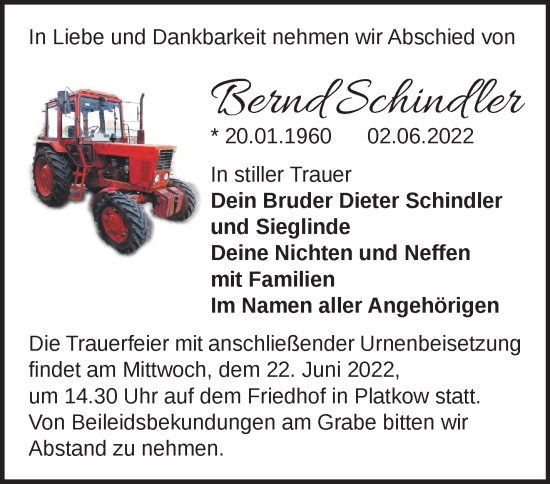 Traueranzeige von Bernd Schindler von Märkische Oderzeitung