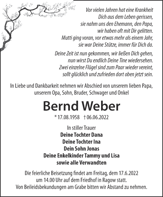 Traueranzeige von Bernd Weber von Märkische Oderzeitung