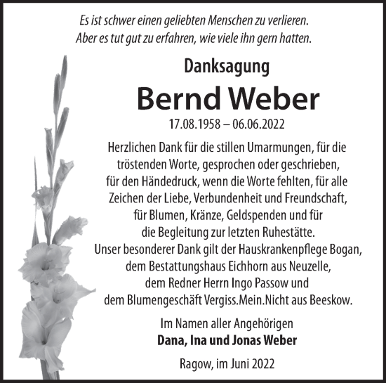 Traueranzeige von Bernd Weber von Märkische Oderzeitung