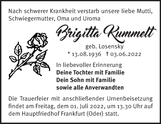 Traueranzeige von Brigitta Kummelt von Märkische Oderzeitung