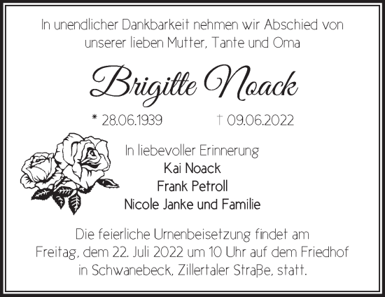 Traueranzeige von Brigitte Noack von Märkische Oderzeitung