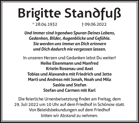 Traueranzeige von Brigitte Standfuß von Märkische Oderzeitung