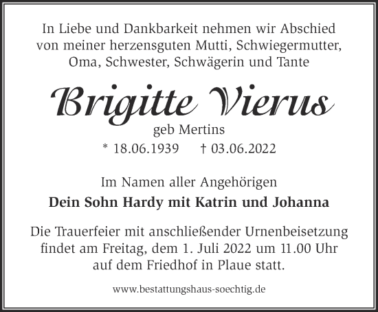 Traueranzeige von Brigitte Vierus von Märkische Oderzeitung