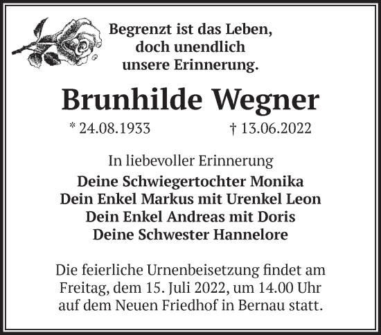 Traueranzeige von Brunhilde Wegner von Märkische Oderzeitung