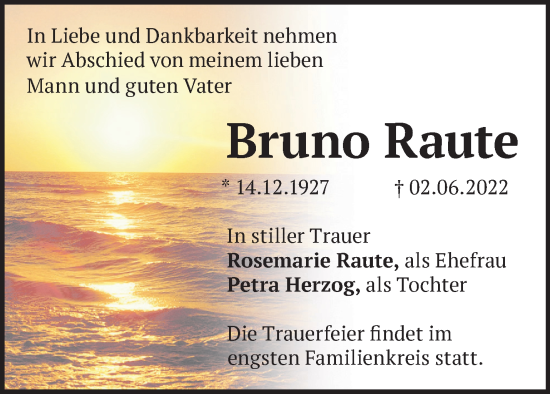 Traueranzeige von Bruno Raute von Märkische Oderzeitung