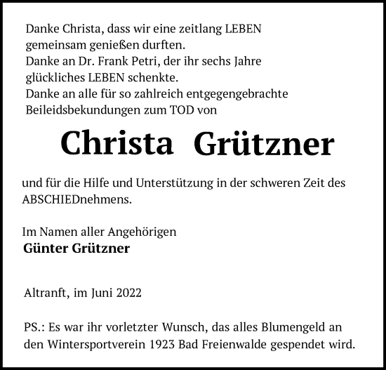 Traueranzeige von Christa Grützner von Märkische Oderzeitung