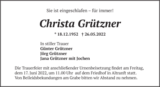 Traueranzeige von Christa Grützner von Märkische Oderzeitung