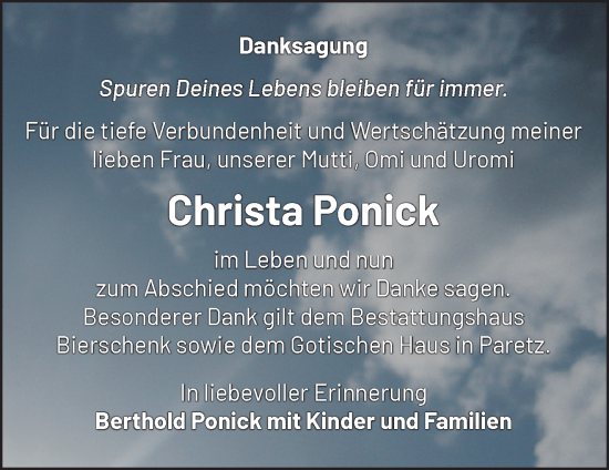 Traueranzeige von Christa Ponick von Märkische Oderzeitung